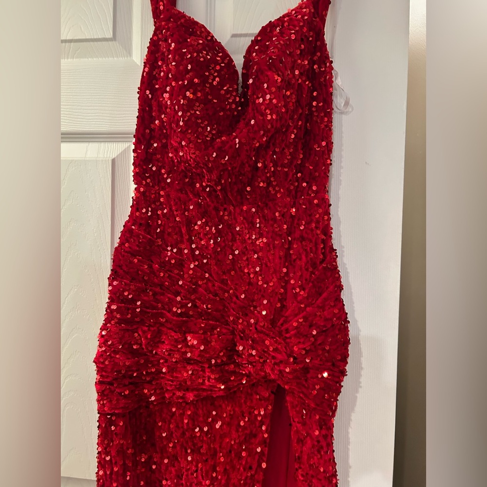 DARK RED OFF THE SHOULDER SEQUIN GOWN - Picture 6 of 14